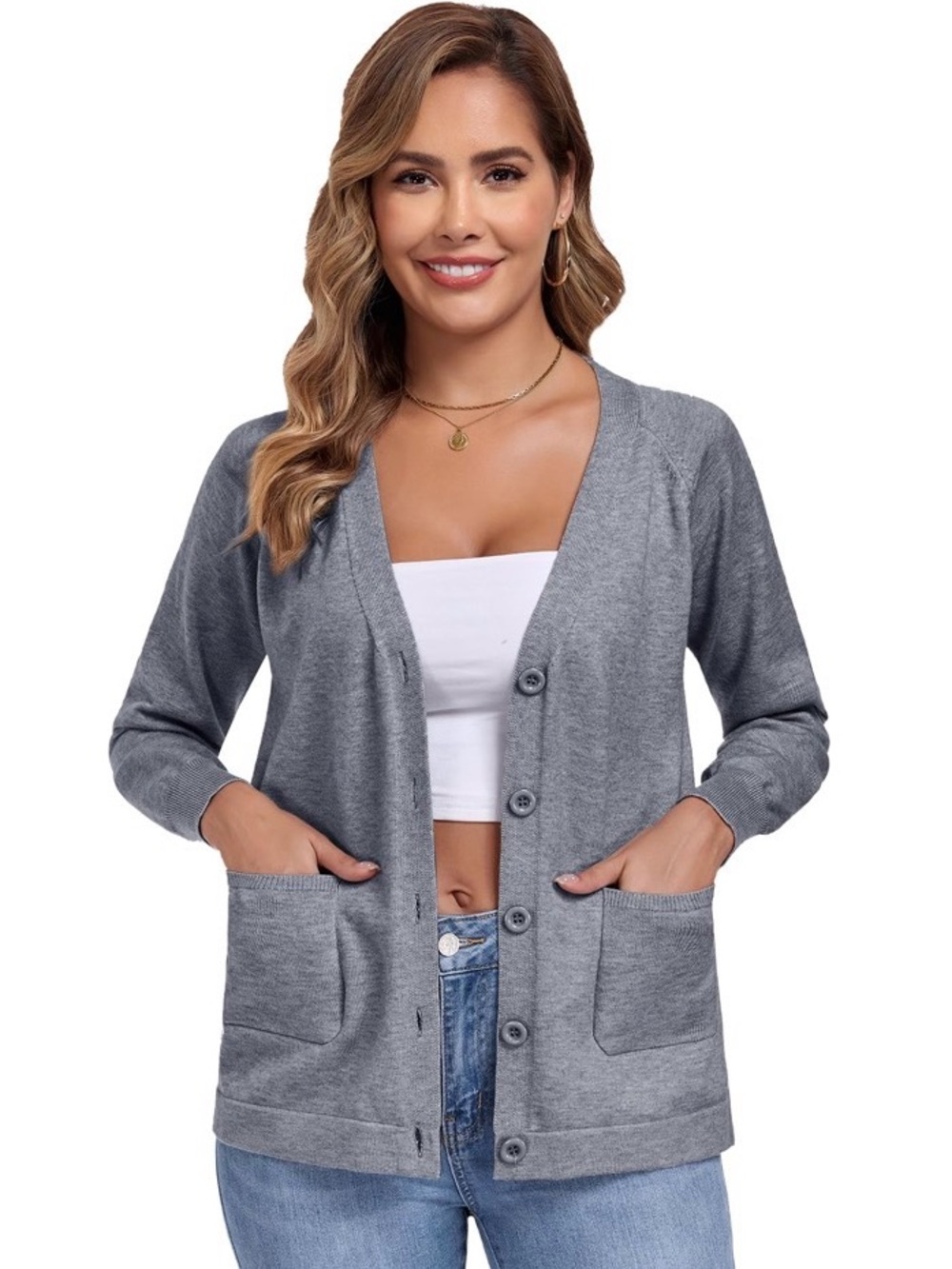 Grey Button-Front Women's Cardigan Sweater